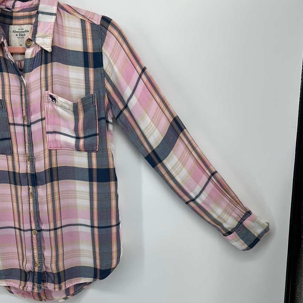 Abercrombie&Fitch Y2K Western Preppy Skater Pink&Blue Long Sleeve B/F Shirt SzXS - Picture 2 of 10